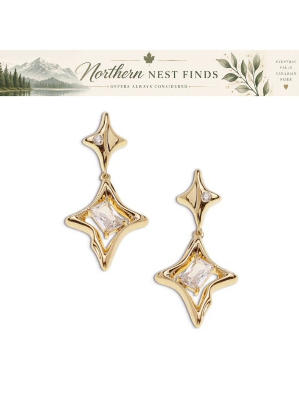 Sonateomber 14k Gold Plated Brass Star Dangle Earrings with Cubic Zirconia